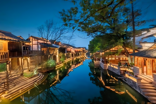 상하이 타임슬립 복원고진 수향마을 야간투어 - 야경 나룻배, 한국어 가이드