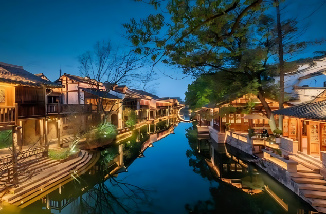 상하이 타임슬립 복원고진 수향마을 야간투어 - 야경 나룻배, 한국어 가이드