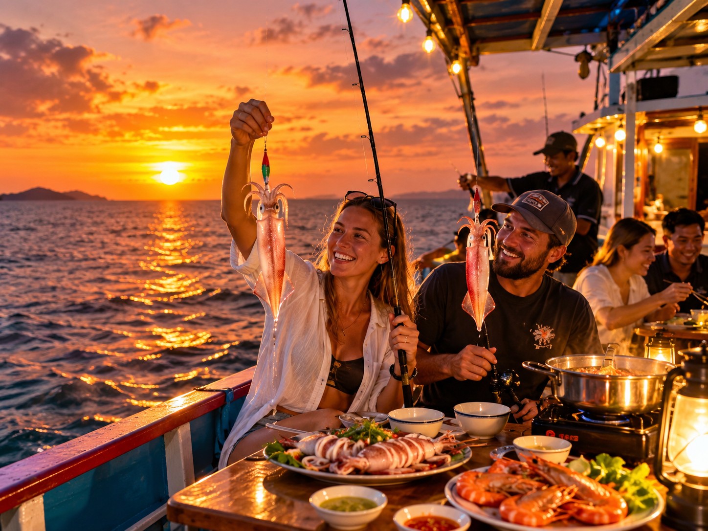 Phu Quoc Sunset Fishing Boat Cruise & Night Squid Fishing Tour with Onboard Dinner